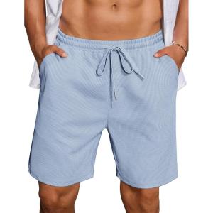 imageCOOFANDY Mens Casual Waffle Shorts Elastic Waist Summer Beach Shorts 7quot Workout Sweat ShortsLight Blue