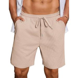 imageCOOFANDY Mens Casual Waffle Shorts Elastic Waist Summer Beach Shorts 7quot Workout Sweat ShortsLight Khaki