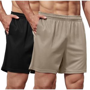 imageCOOFANDY Mens 2 Pack Gym Workout Shorts 5 Inch Mesh Athletic Shorts Quick Dry Running Shorts with PocketsBlack  Khaki