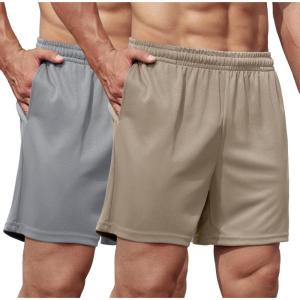 imageCOOFANDY Mens 2 Pack Gym Workout Shorts 5 Inch Mesh Athletic Shorts Quick Dry Running Shorts with PocketsLight Grey  Khaki