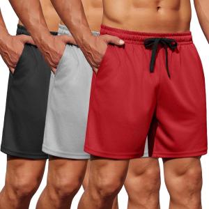 imageCOOFANDY Mens Gym Shorts 3 Pack Mesh Athletic Workout Shorts Lightweight Quick Dry Drawstring Shorts with PocketsBlackGreyRed