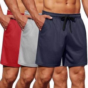 imageCOOFANDY Mens Gym Shorts 3 Pack Mesh Athletic Workout Shorts Lightweight Quick Dry Drawstring Shorts with PocketsNavy BlueRedGrey