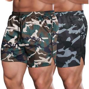 imageCOOFANDY Mens 2 Pack Gym Workout Shorts Quick Dry Athletic Shorts 5 Inch Lightweight Sports Running Shorts with PocketsArmy Green CamoGrey Camo