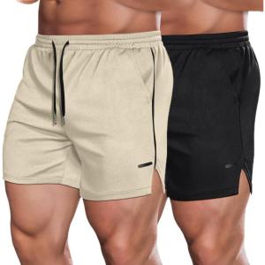imageCOOFANDY Mens 2 Pack Gym Workout Shorts Quick Dry Athletic Shorts 5 Inch Lightweight Sports Running Shorts with PocketsBlackKhaki