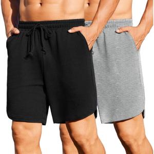 imageCOOFANDY Mens 2 Pack Gym Shorts 7 Inch Athletic Workout Shorts Drawstring Sweat Shorts with Zipper Back PocketBlackLight Gray Heather