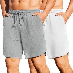 imageCOOFANDY Mens 2 Pack Gym Shorts 7 Inch Athletic Workout Shorts Drawstring Sweat Shorts with Zipper Back PocketLight Gray HeatherWhite