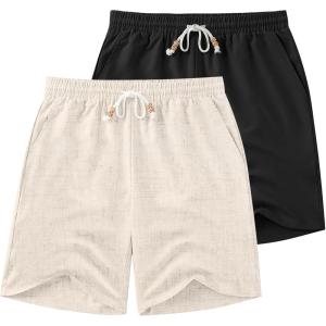 imageCOOFANDY Mens Linen Shorts Casual Drawstring Elastic Waist Summer Beach Shorts Lightweight Vacation ShortsLight Khaki  Black