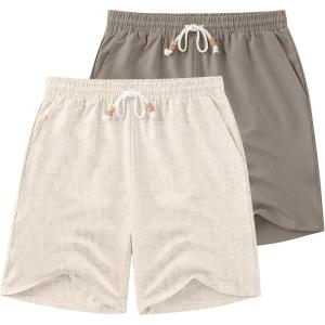 imageCOOFANDY Mens Linen Shorts Casual Drawstring Elastic Waist Summer Beach Shorts Lightweight Vacation ShortsLight Khaki  Dark Grey