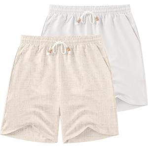 imageCOOFANDY Mens Linen Shorts Casual Drawstring Elastic Waist Summer Beach Shorts Lightweight Vacation ShortsLight Khaki  White