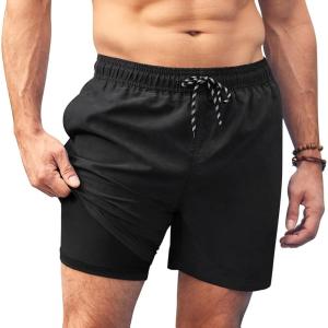 imageCOOFANDY Men Swim Trunk with Compression Liner 2 in 1 Swimwear Bathing Suit Quick Dry Board ShortA Black
