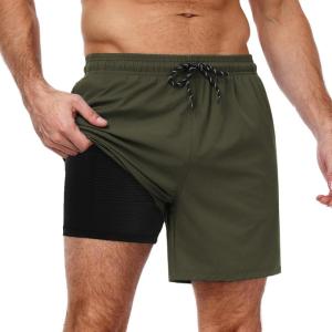 imageCOOFANDY Men Swim Trunk with Compression Liner 2 in 1 Swimwear Bathing Suit Quick Dry Board ShortArmy Greenhollow Out Liner
