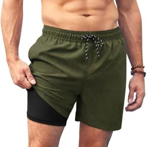 imageCOOFANDY Men Swim Trunk with Compression Liner 2 in 1 Swimwear Bathing Suit Quick Dry Board ShortB Deep Army Green