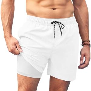imageCOOFANDY Men Swim Trunk with Compression Liner 2 in 1 Swimwear Bathing Suit Quick Dry Board ShortB White