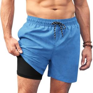 imageCOOFANDY Men Swim Trunk with Compression Liner 2 in 1 Swimwear Bathing Suit Quick Dry Board ShortBlue