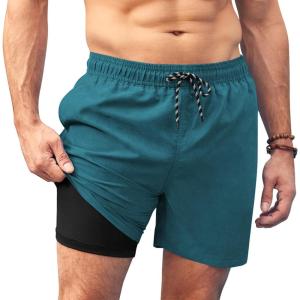 imageCOOFANDY Men Swim Trunk with Compression Liner 2 in 1 Swimwear Bathing Suit Quick Dry Board ShortBluegreen