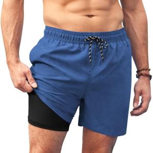 imageCOOFANDY Men Swim Trunk with Compression Liner 2 in 1 Swimwear Bathing Suit Quick Dry Board ShortDeep Blue