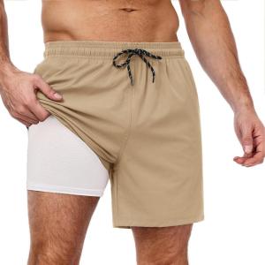 imageCOOFANDY Men Swim Trunk with Compression Liner 2 in 1 Swimwear Bathing Suit Quick Dry Board ShortKhakihollow Out Liner