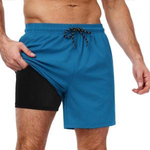 imageCOOFANDY Men Swim Trunk with Compression Liner 2 in 1 Swimwear Bathing Suit Quick Dry Board ShortLake Bluehollow Out Liner
