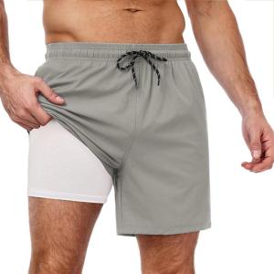 imageCOOFANDY Men Swim Trunk with Compression Liner 2 in 1 Swimwear Bathing Suit Quick Dry Board ShortLight Greyhollow Out Liner