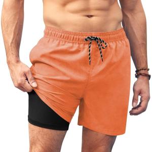 imageCOOFANDY Men Swim Trunk with Compression Liner 2 in 1 Swimwear Bathing Suit Quick Dry Board ShortOrange