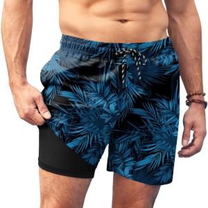 imageCOOFANDY Men Swim Trunk with Compression Liner 2 in 1 Swimwear Bathing Suit Quick Dry Board ShortP Blue Leaves