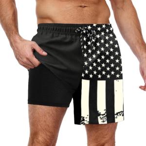 imageCOOFANDY Men Swim Trunk with Compression Liner 2 in 1 Swimwear Bathing Suit Quick Dry Board ShortPrint American Flaghollow Out Liner
