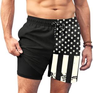 imageCOOFANDY Men Swim Trunk with Compression Liner 2 in 1 Swimwear Bathing Suit Quick Dry Board ShortPrint Black American Flag