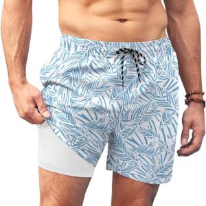 imageCOOFANDY Men Swim Trunk with Compression Liner 2 in 1 Swimwear Bathing Suit Quick Dry Board ShortPrint Blue Plam Leaf