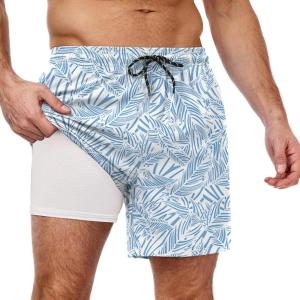 imageCOOFANDY Men Swim Trunk with Compression Liner 2 in 1 Swimwear Bathing Suit Quick Dry Board ShortPrint Plam Leafhollow Out Liner