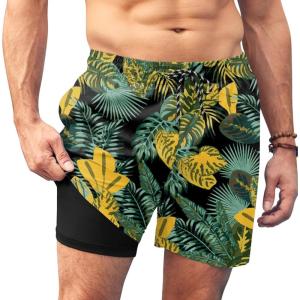 imageCOOFANDY Men Swim Trunk with Compression Liner 2 in 1 Swimwear Bathing Suit Quick Dry Board ShortPrint Yellow Leaf