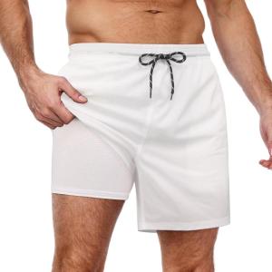 imageCOOFANDY Men Swim Trunk with Compression Liner 2 in 1 Swimwear Bathing Suit Quick Dry Board ShortWhitehollow Out Liner
