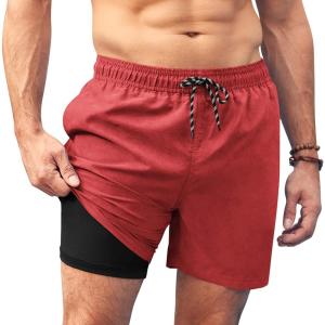 imageCOOFANDY Men Swim Trunk with Compression Liner 2 in 1 Swimwear Bathing Suit Quick Dry Board ShortWine Red