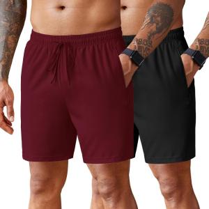imageCOOFANDY Mens 2 Pack Workout Gym Shorts 7 Inch  5 Inch Athletic Shorts Lightweight Casual Jogger Short with Zipper PocketsBlack  Wine Red