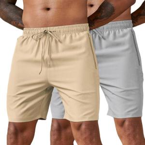 imageCOOFANDY Mens 2 Pack Workout Gym Shorts 7 Inch  5 Inch Athletic Shorts Lightweight Casual Jogger Short with Zipper PocketsKhaki  Grey