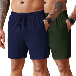imageCOOFANDY Mens 2 Pack Workout Gym Shorts 7 Inch  5 Inch Athletic Shorts Lightweight Casual Jogger Short with Zipper PocketsNavy Blue  Army Green