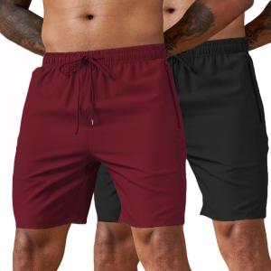 imageCOOFANDY Mens 2 Pack Workout Gym Shorts 7 Inch  5 Inch Athletic Shorts Lightweight Casual Jogger Short with Zipper PocketsWine Red  Black