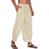 imageCOOFANDY Mens Cotton Linen Harem Pants Drawstring Casual Cropped Trousers Lightweight Loose Beach Yoga Pants with PocketsKhaki Pinstripes