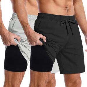 imageCOOFANDY Mens 2 in 1 Running Shorts 2 Pack Athletic Shorts Quick Dry Gym Training Workout Shorts with PocketsBlackGrey