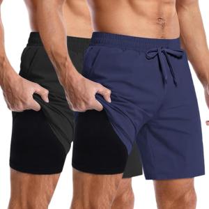 imageCOOFANDY Mens 2 in 1 Running Shorts 2 Pack Athletic Shorts Quick Dry Gym Training Workout Shorts with PocketsBlackNavy Blue