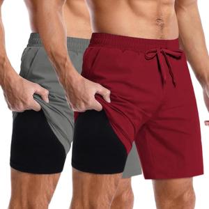 imageCOOFANDY Mens 2 in 1 Running Shorts 2 Pack Athletic Shorts Quick Dry Gym Training Workout Shorts with PocketsDark GreyWine Red