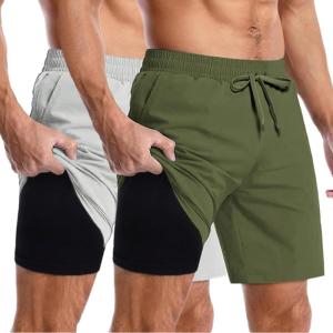 imageCOOFANDY Mens 2 in 1 Running Shorts 2 Pack Athletic Shorts Quick Dry Gym Training Workout Shorts with PocketsGreyArmy Green