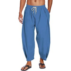 imageCOOFANDY Mens Cotton Linen Harem Pants Drawstring Casual Cropped Trousers Lightweight Loose Beach Yoga Pants with PocketsDark Blue