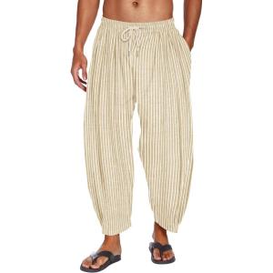 imageCOOFANDY Mens Cotton Linen Harem Pants Drawstring Casual Cropped Trousers Lightweight Loose Beach Yoga Pants with PocketsKhaki Pinstripes