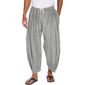 imageCOOFANDY Mens Cotton Linen Harem Pants Drawstring Casual Cropped Trousers Lightweight Loose Beach Yoga Pants with PocketsWhite Pinstripes