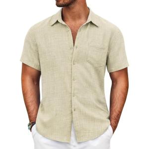 imageCOOFANDY Mens Button Down Short Sleeve Shirt Casual Shirts Summer Beach Textured Shirts with PocketDark Khaki