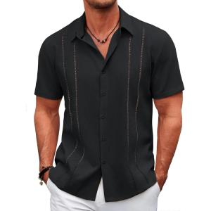 imageCOOFANDY Mens Cuban Guayabera Shirt Casual Short Sleeve Button Down Shirts Summer Beach ShirtsBlack