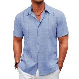 imageCOOFANDY Mens Cuban Guayabera Shirt Casual Short Sleeve Button Down Shirts Summer Beach ShirtsCornflower Blue