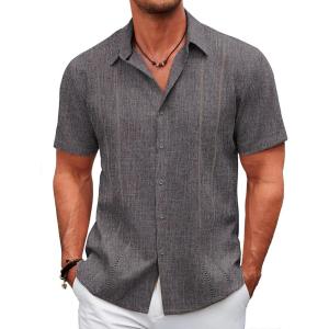 imageCOOFANDY Mens Cuban Guayabera Shirt Casual Short Sleeve Button Down Shirts Summer Beach ShirtsDark Grey