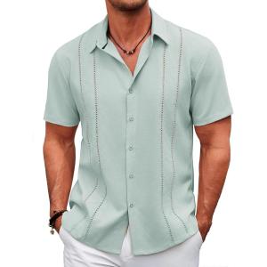 imageCOOFANDY Mens Cuban Guayabera Shirt Casual Short Sleeve Button Down Shirts Summer Beach ShirtsLight Green