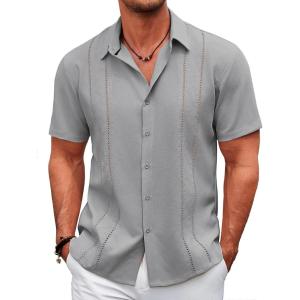imageCOOFANDY Mens Cuban Guayabera Shirt Casual Short Sleeve Button Down Shirts Summer Beach ShirtsLight Grey
